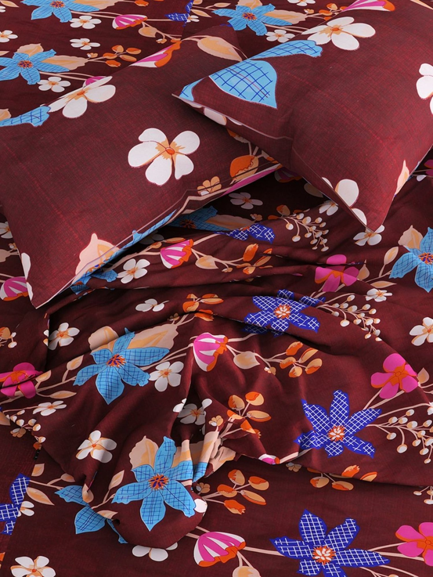 Romee Floral Maroon 144 TC Cotton Queen Sized Bed Sheet with 2 Pillow Covers
