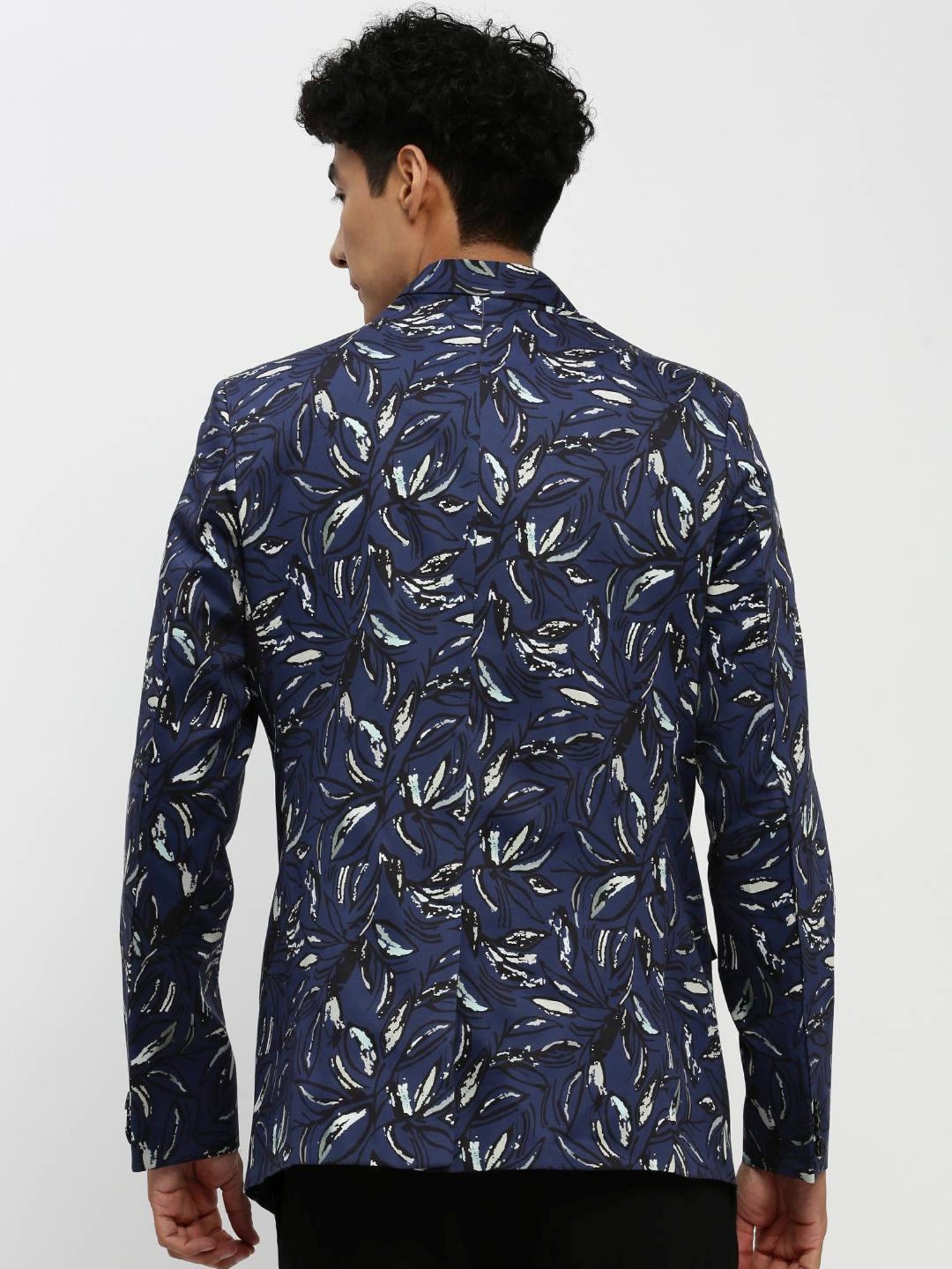SHOWOFF Navy Blue Slim Fit Printed Blazer
