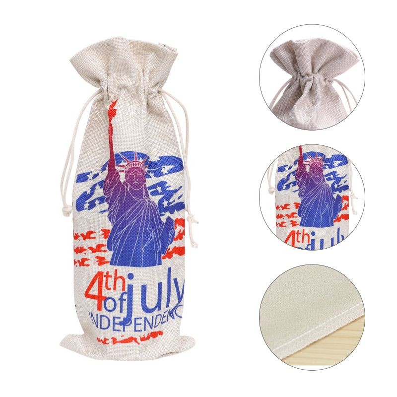 Independence Day Printed Wine Bag Drawstring Gift Bag Linen Wine Storage Pouch Party Supplies (Celebrating)
