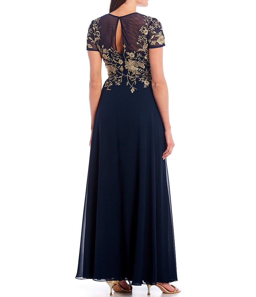 Betsy & Adam Illusion Neck Floral Embroidered Chiffon Gown