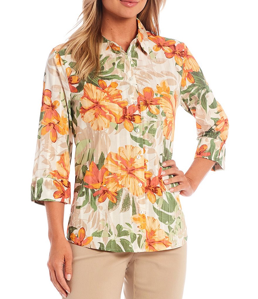 Allison Daley 3/4 Sleeve Flip Cuff Button Front Shirt