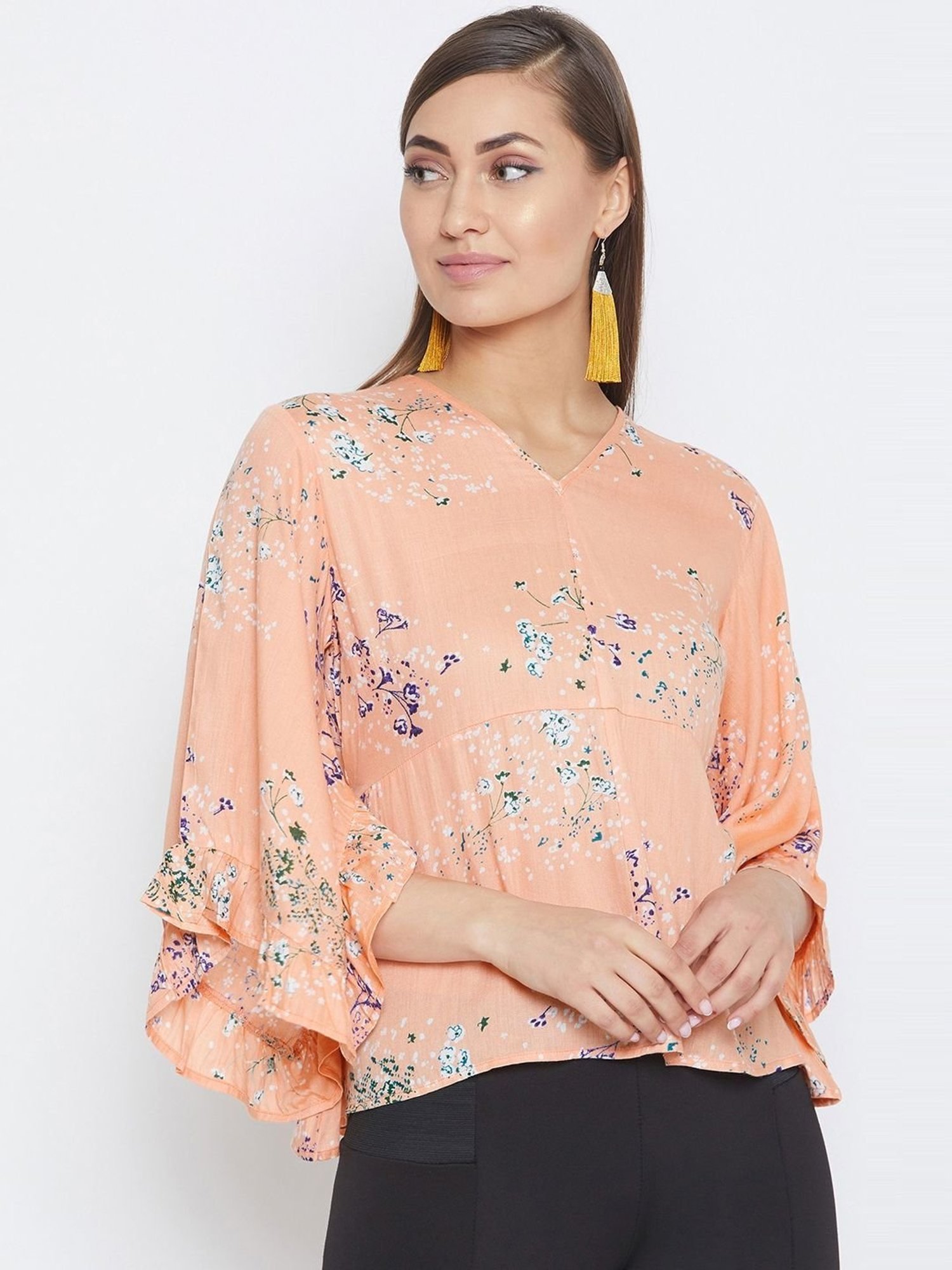 PURYS Peach Floral Print Top