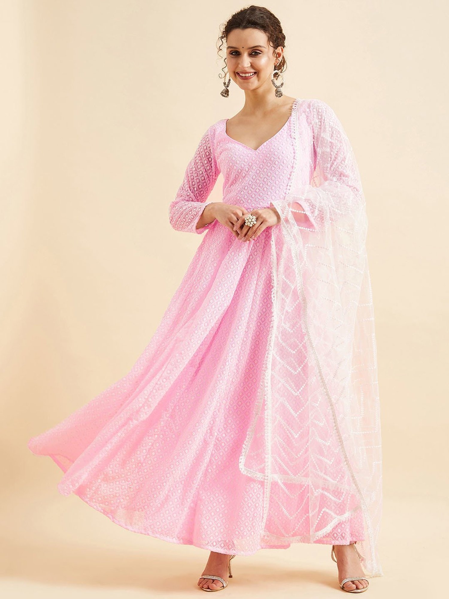 PANIT Pink Embroidered Ethnic Dress With Dupatta