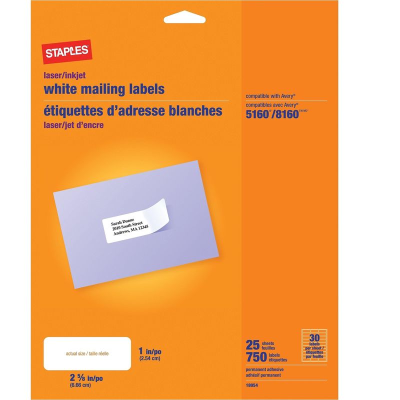 Staples Laser/Inkjet Address Labels 1" x 2 5/8" White 30 Labels/Sheet 18054/SIWJ100