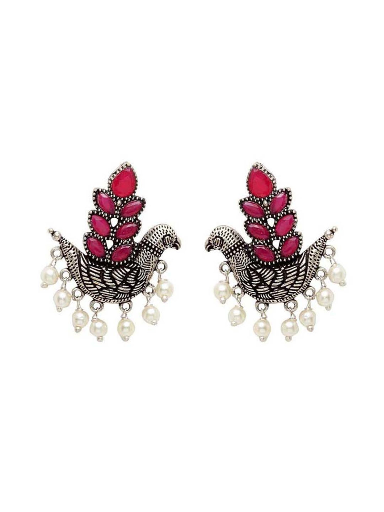 Panash Silver-Plated & Pink Oxidised Stud Earrings