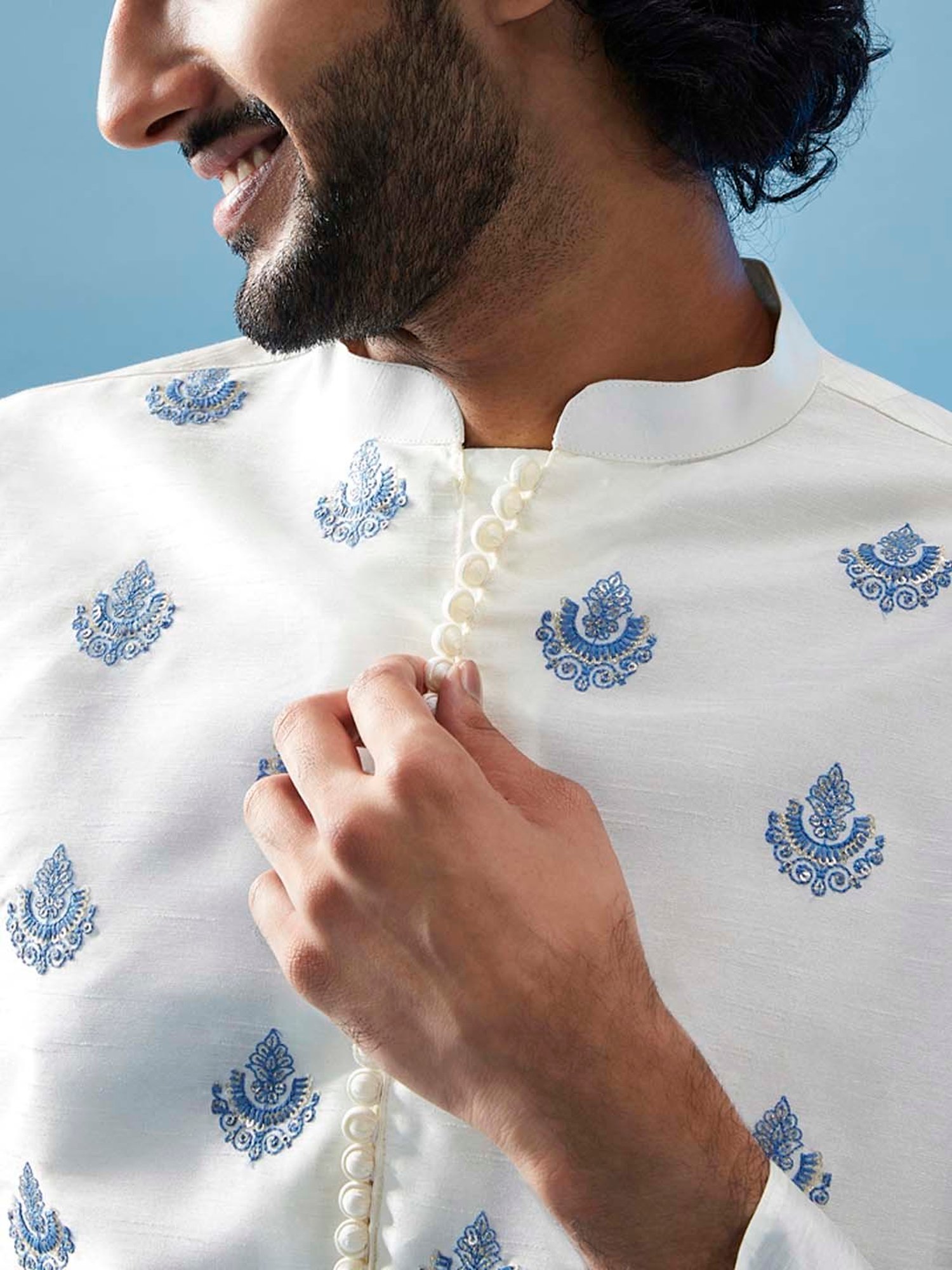 KISAH White & Blue Regular Fit Embroidered Kurta & Churidar Set