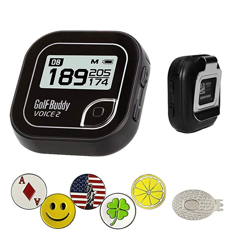 Voice 2 Black Color Golf GPSRangefinder Bundle with 1 Magnetic Hat Clip and 5 Ball Markers
