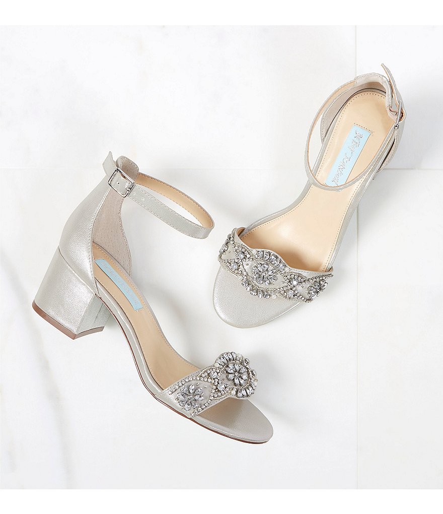 Blue by Betsey Johnson Mel Bejeweled Satin Block Heel Dress Sandals
