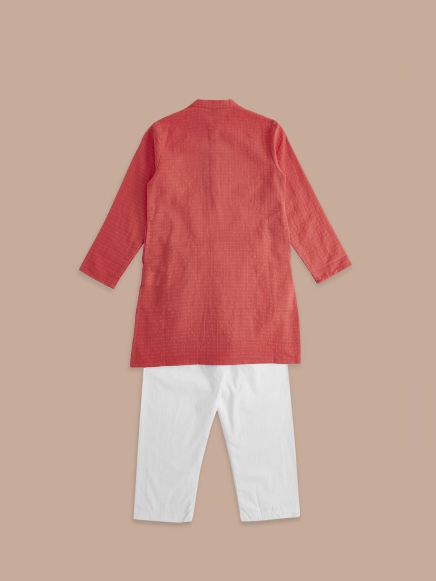 Indus Route by Pantaloons Kids Peach & White Cotton Textured Pattern Full Sleeves Kurta Set