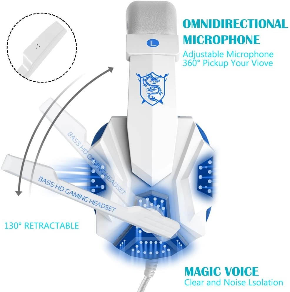 Gaming Headset for Laptop Computer, Cellphone, PS4 and so on, maxin 3.5mm Wired Noise Isolation Gaming Headphones with Mic and LED Light- Volume Control.(White and Blue)