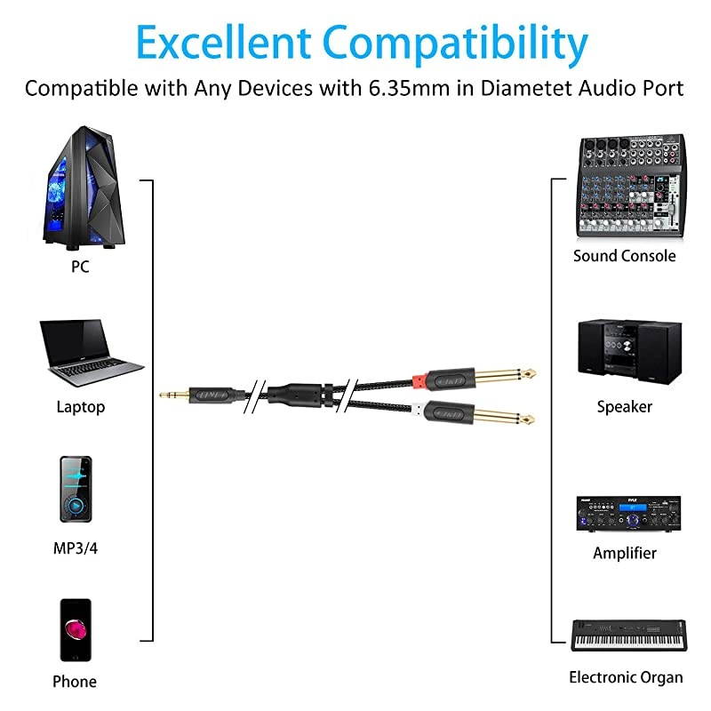 35 mm to 2 x 635 mm GoldPlated Audiowave Series 35mm 18 inch TRS Male to 2X 635mm 14 inch TS Male Mono Cable Splitter with PVC Shelled Housing and Nylon Braid 15 Feet