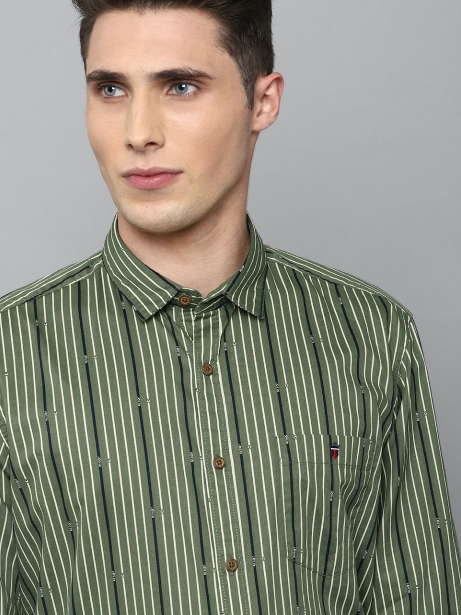 Louis Philippe Jeans Green Cotton Slim Fit Striped Shirt