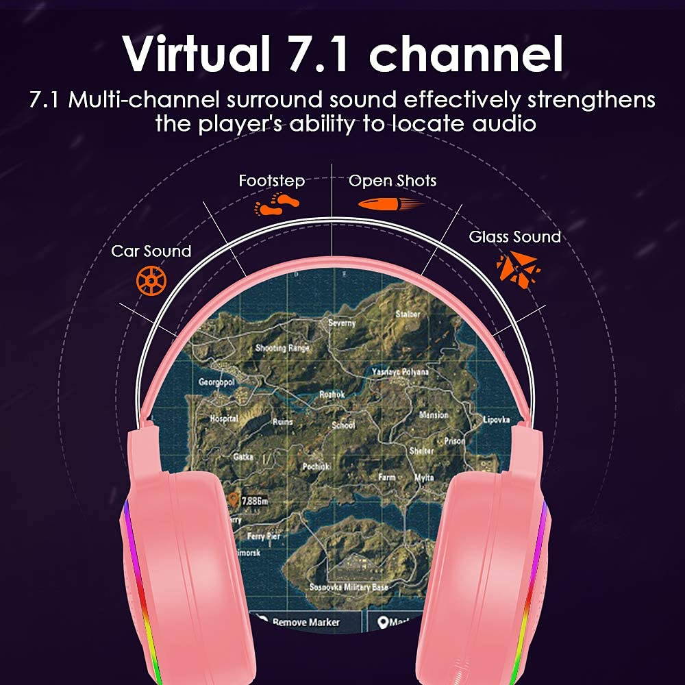 Gaming Headset with 7.1 Surround Sound,PC Lightweight Headset with Noise Canceling Mic,Bass Surround,Soft Memory Earmuffs,Rainbow LED Backlit for PC,PS4,Xbox One Controller(Adapter Not Included)(Pink)