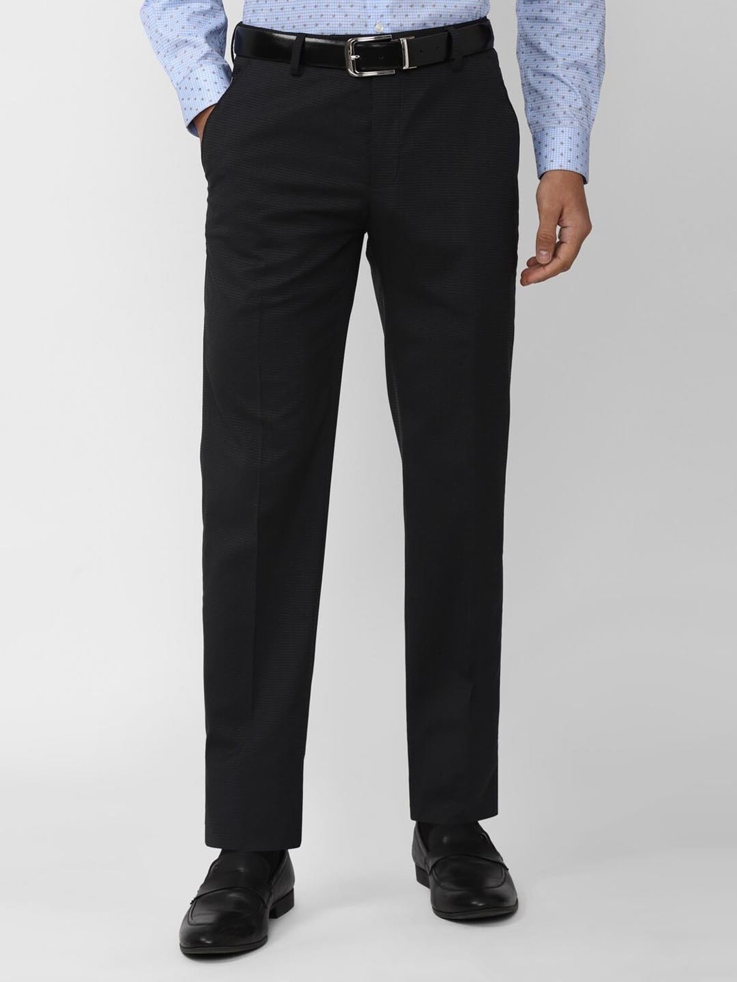 Peter England Black Slim Fit Checks Trousers