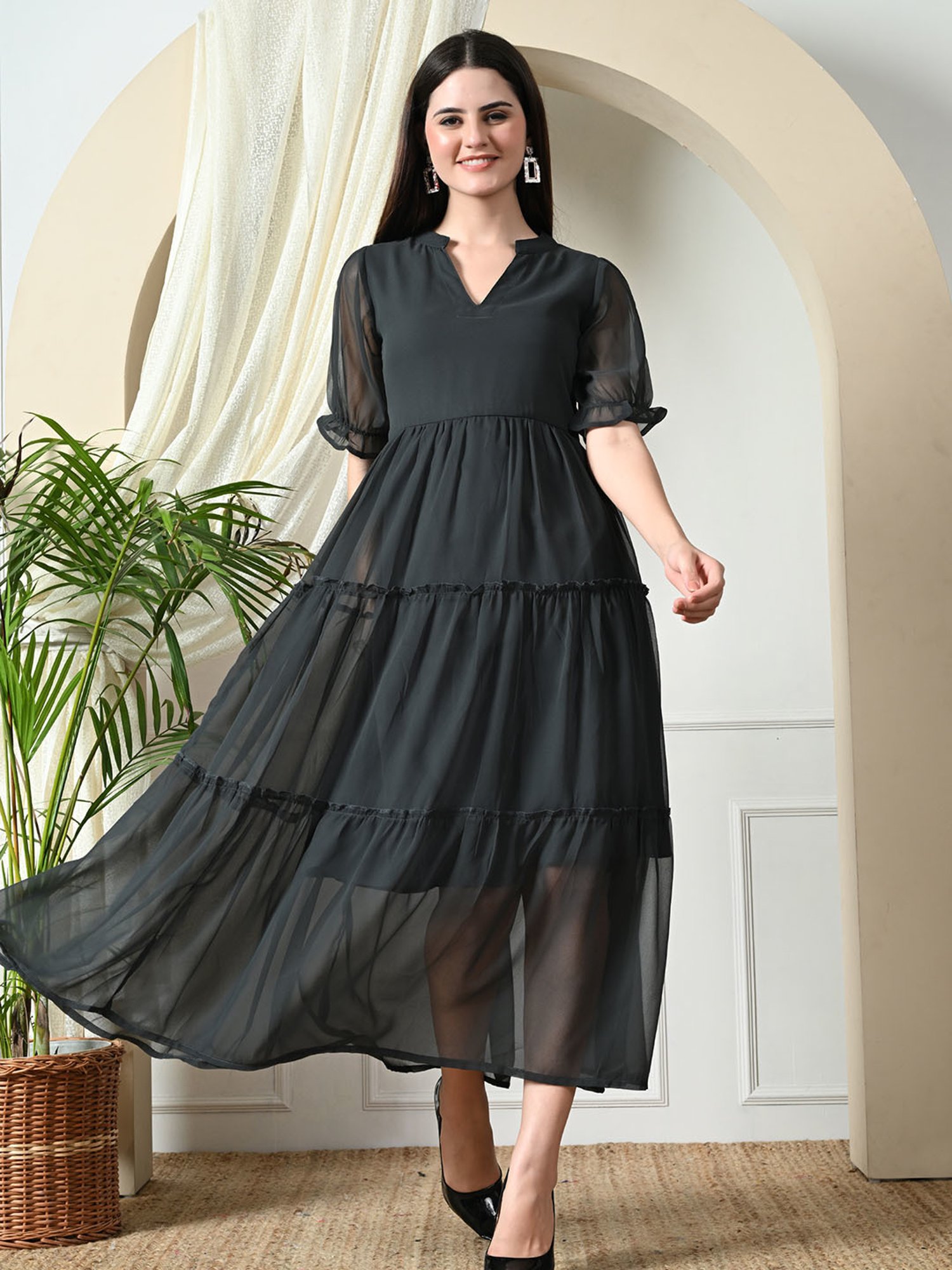 DECKEDUP Grey Relaxed Fit Midi Dress