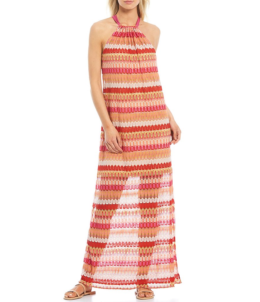 Trina Turk Penne Colorful Lace Sleeveless Halter Neck Maxi Dress