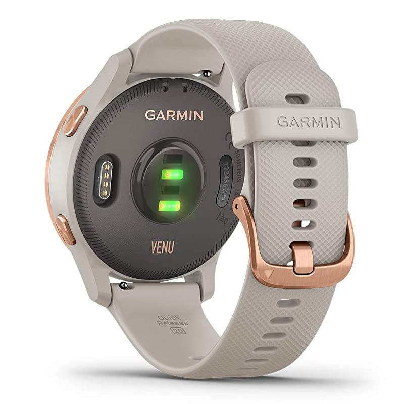 Garmin Venu (Light Sand/Rose Gold) Power Bundle | +HD Screen Protectors (x4) &  Portable Charger | AMOLED Display, Spotify | Fitness GPS Smartwatch