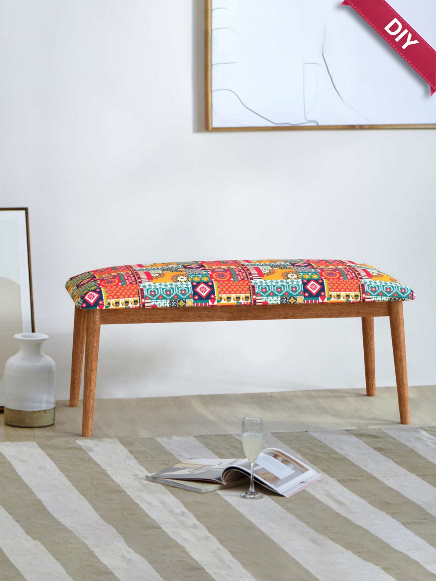 Chumbak Jodhpur Swirls Ikat Multicolor Sheesham Wood Bench