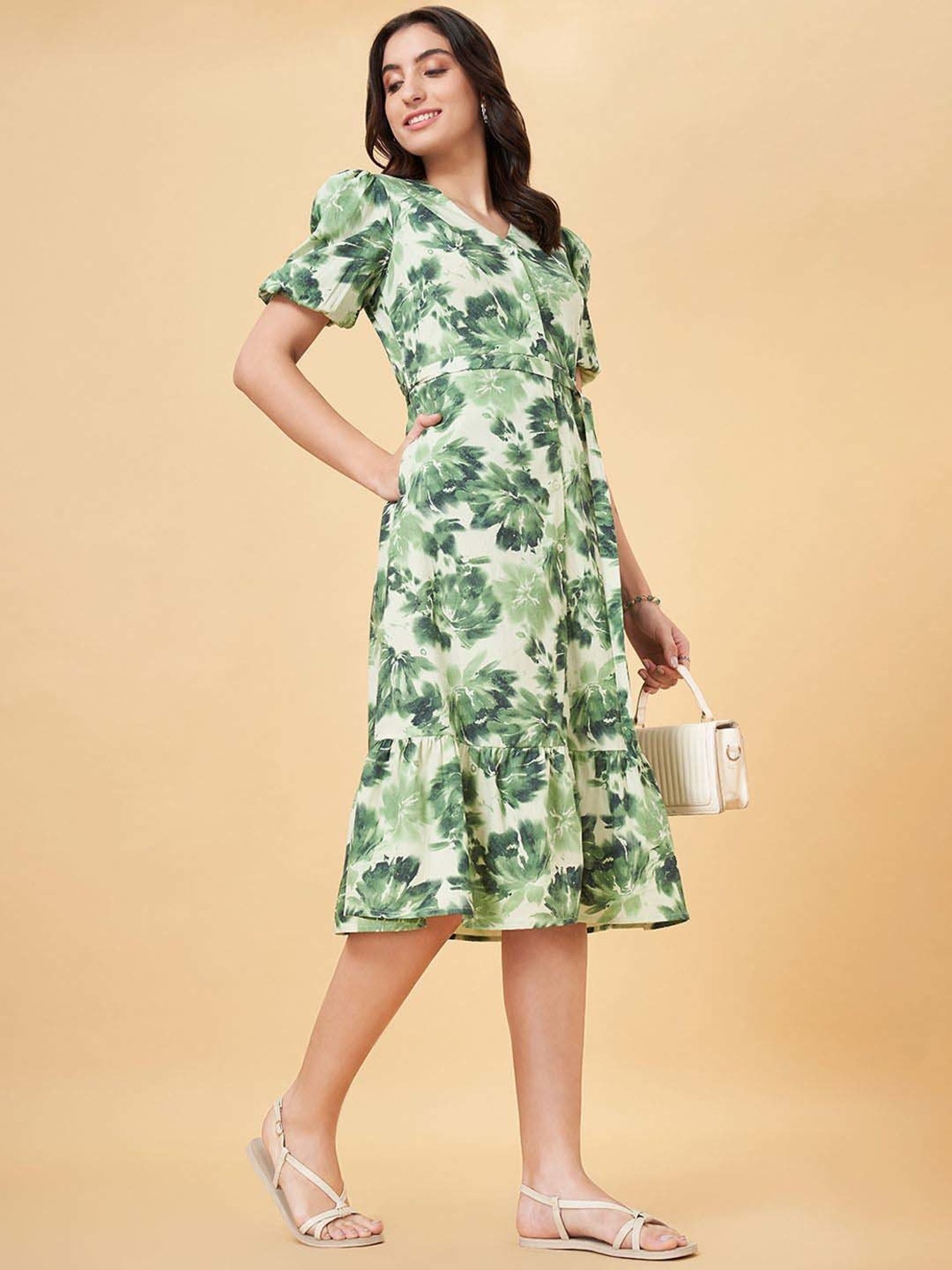Honey by Pantaloons Green Cotton Printed A-Line Dress