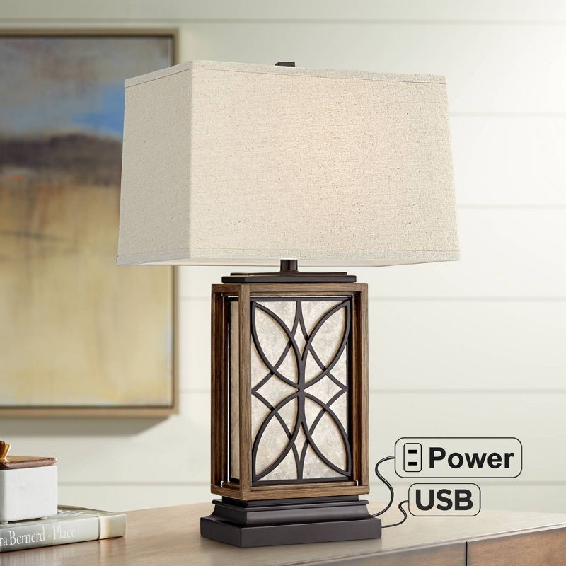 Franklin Iron Works Rustic Table Lamp with USB and AC Power Outlet in Base LED Nightlight Bronze Oatmeal Shade for Living Room