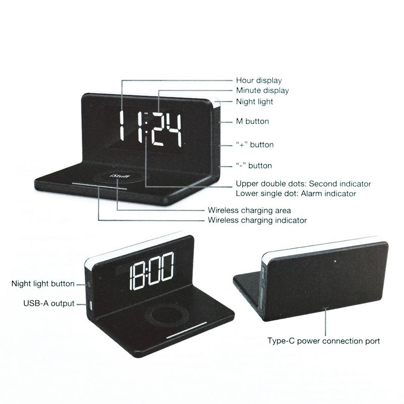 Nippon WAC-5251BLK iStuff 3 in 1 LED Illuminated USB Wireless Charger Multi Functional Alarm Clock with Night Light and 12 or 24 Hour Display, Black