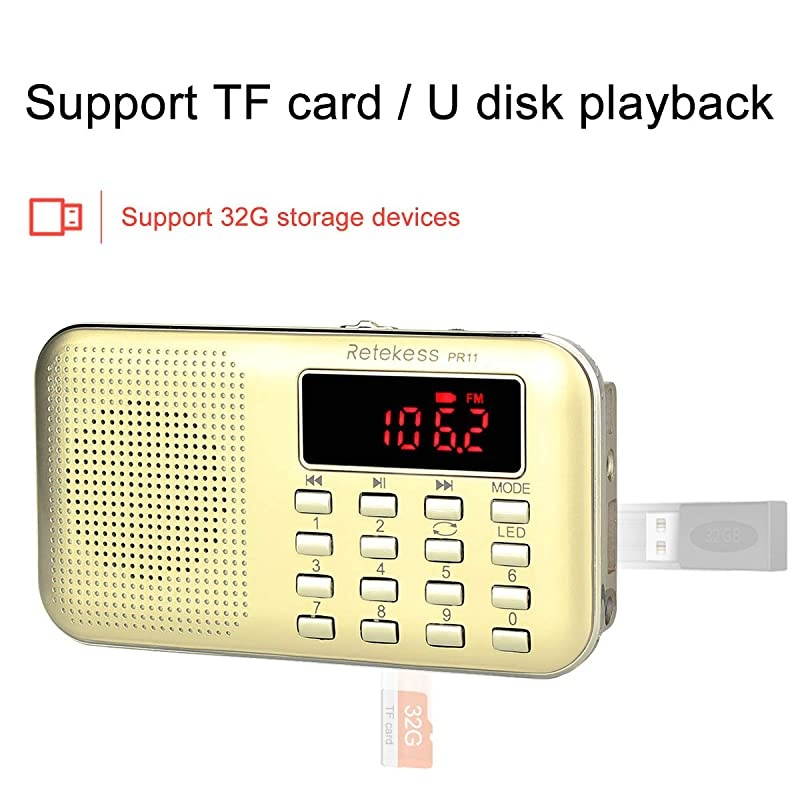PR11 AM FM Radio Portable, Rechargeable Transistor Radios Small with Headphone Jack, MP3 Music Player Speaker Support TF USB AUX Port (Gold)