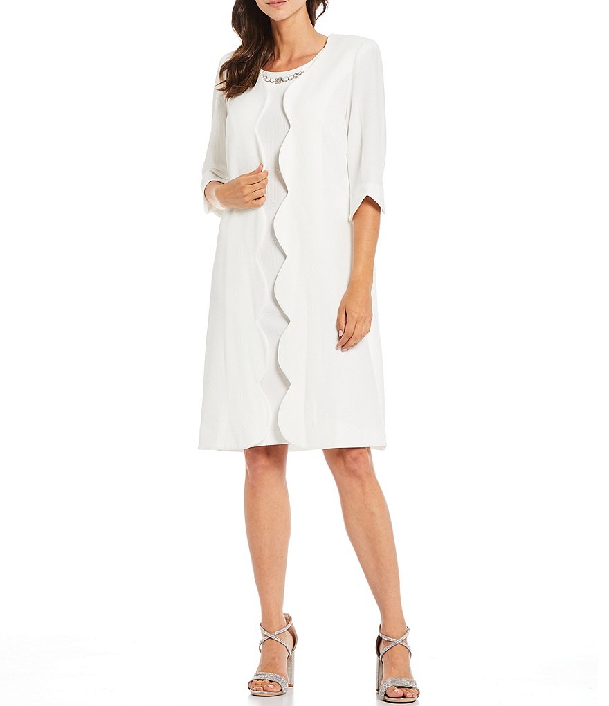 Le Bos Scallop Crepe Jewel Neck 3/4 Sleeve 2-Piece Jacket Dress