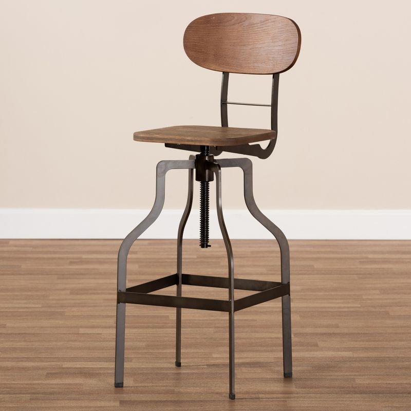 Varek Wood and Rust Finished Steel Adjustable Swivel Barstool Brown - BaxtonStudio