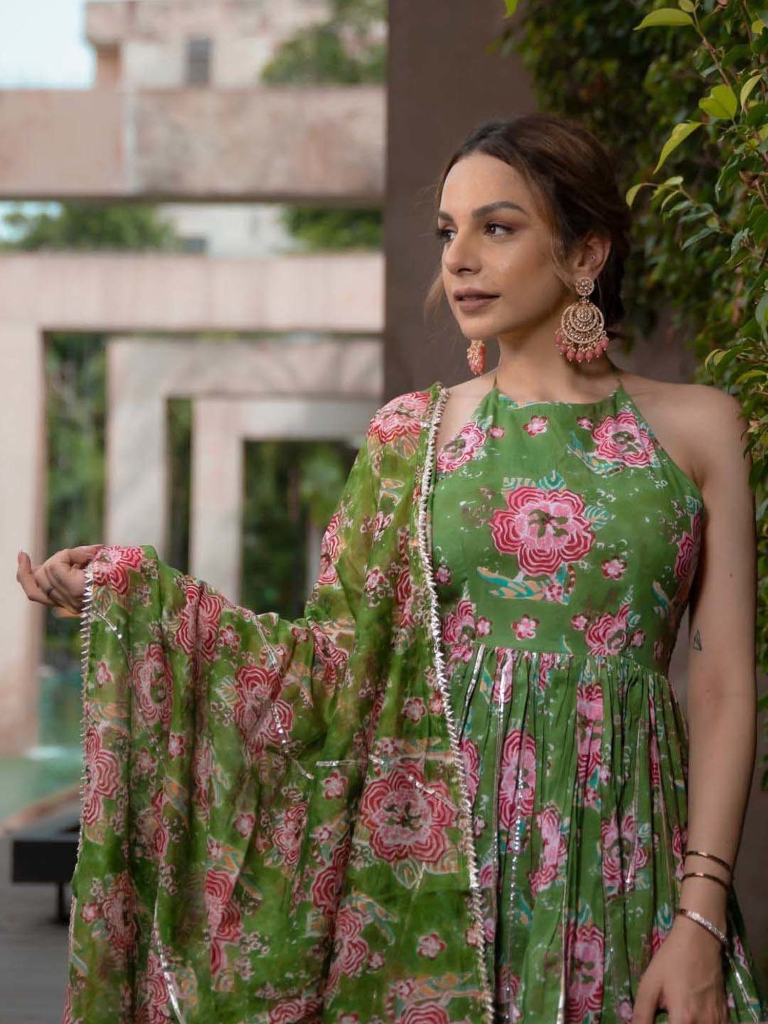 AACHHO Green & White Cotton Floral Print Kurti Sharara Set With Dupatta