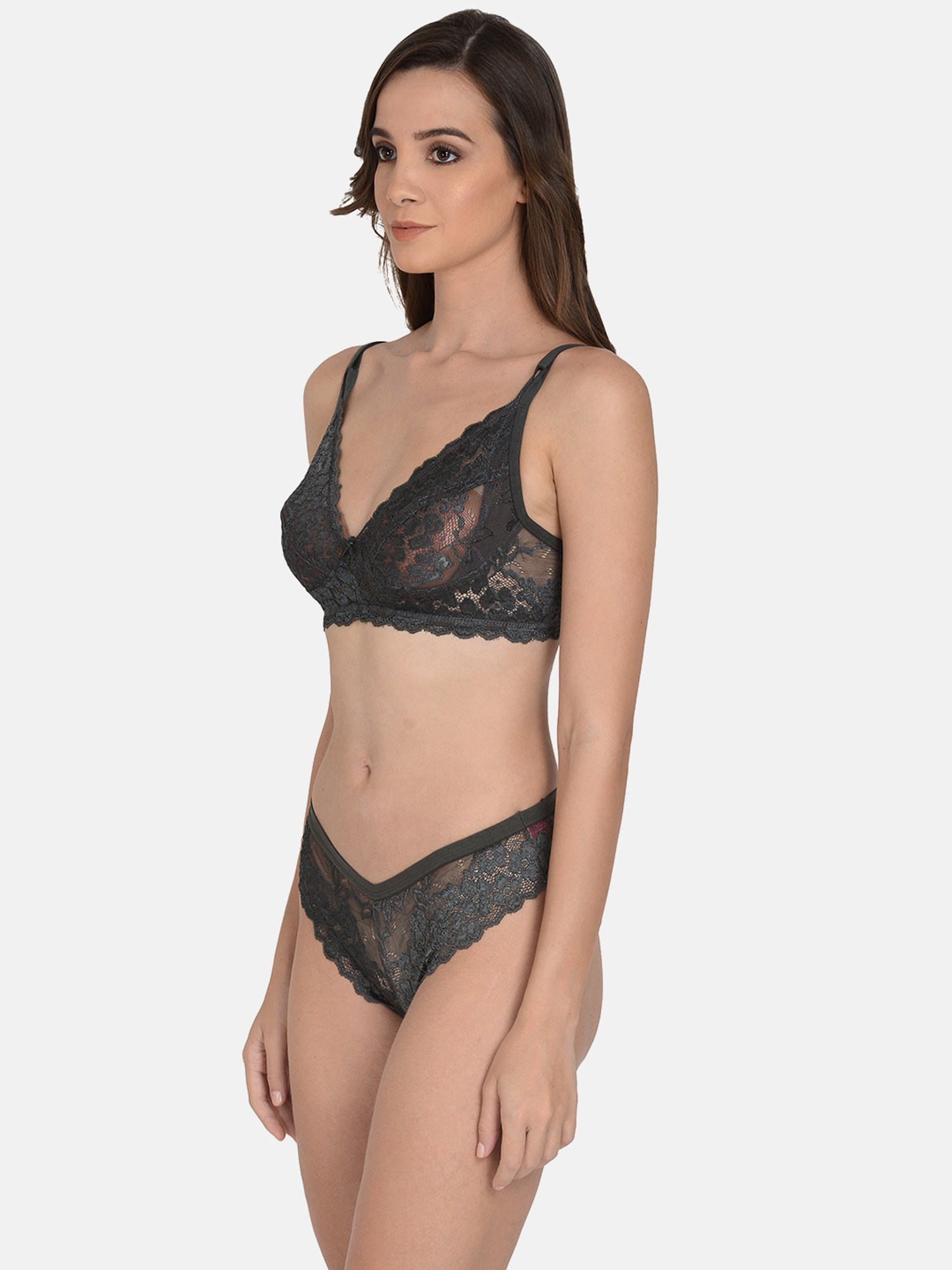 mod & shy Grey Self Pattern Lingerie Set