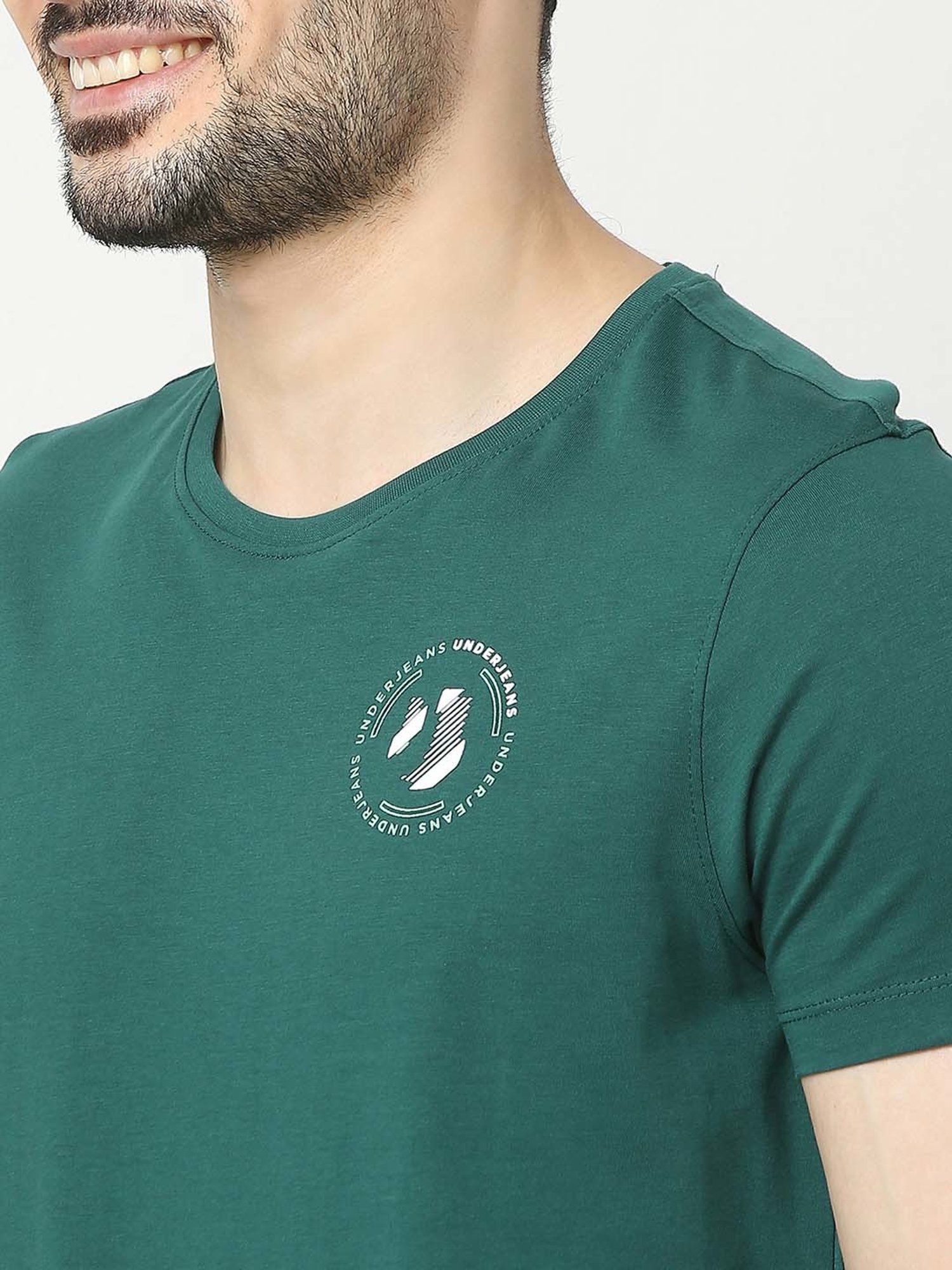 UnderJeans by Spykar Green Regular Fit Logo Print Cotton Crew T-Shirt