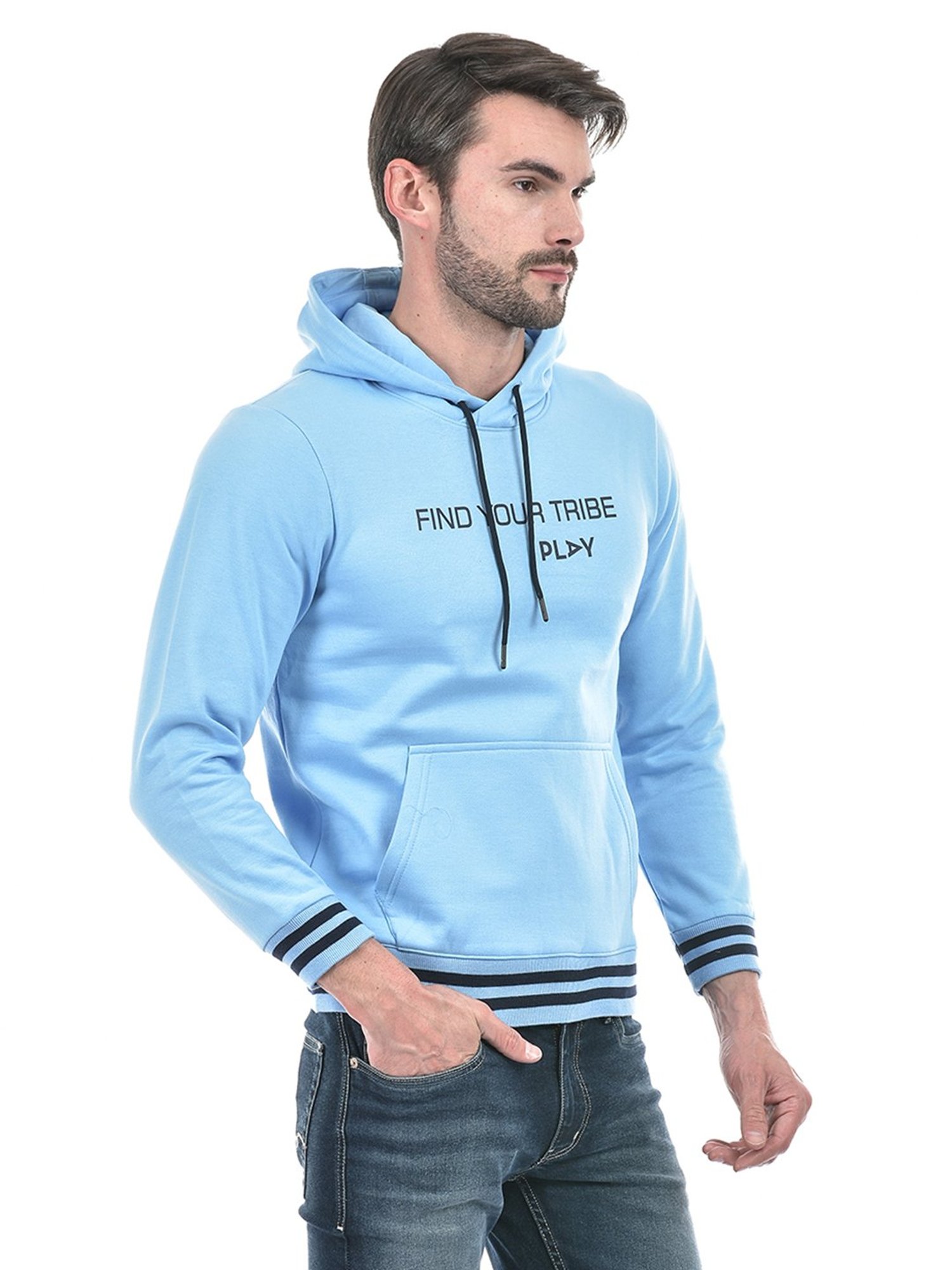Integriti Light Blue Regular Fit Printed Hooded Sweatshirt