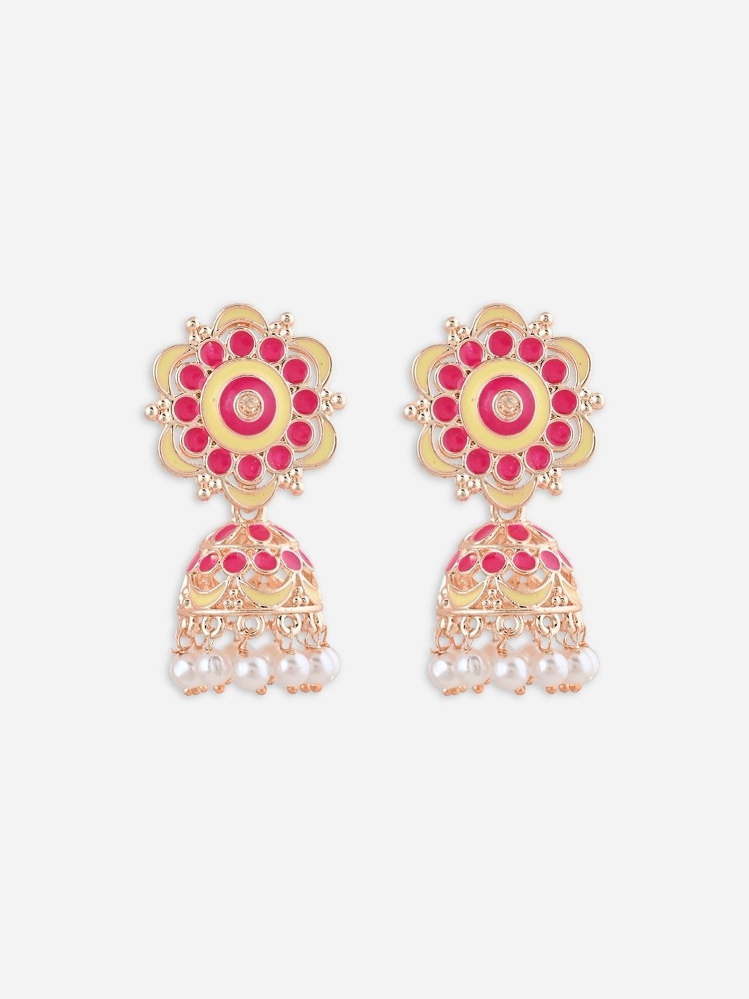 Fida Pink and Gold Plated Floral Pearl Meenakari Jhumki Earrings for Women