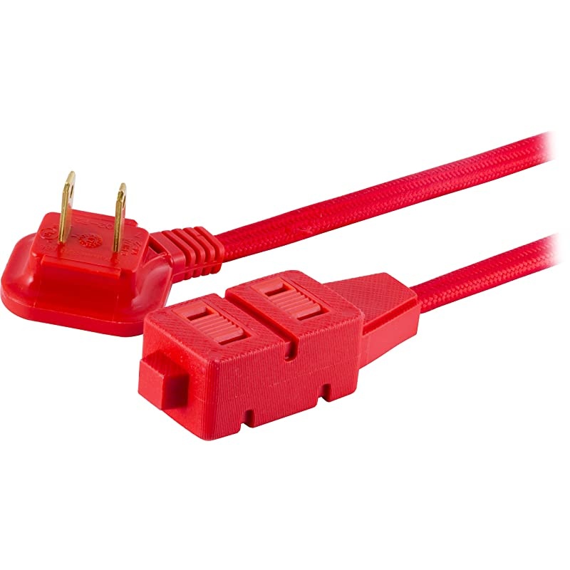Bright Red, Designer 3-Outlet Extension Cord, 8 Ft Braided Cable, 2-Prong Power Strip, Slide-to-Lock Safety, Low-Profile Flat Plug, Polarized, ETL Listed, 39985-T1, 8 ft, 8 Ft