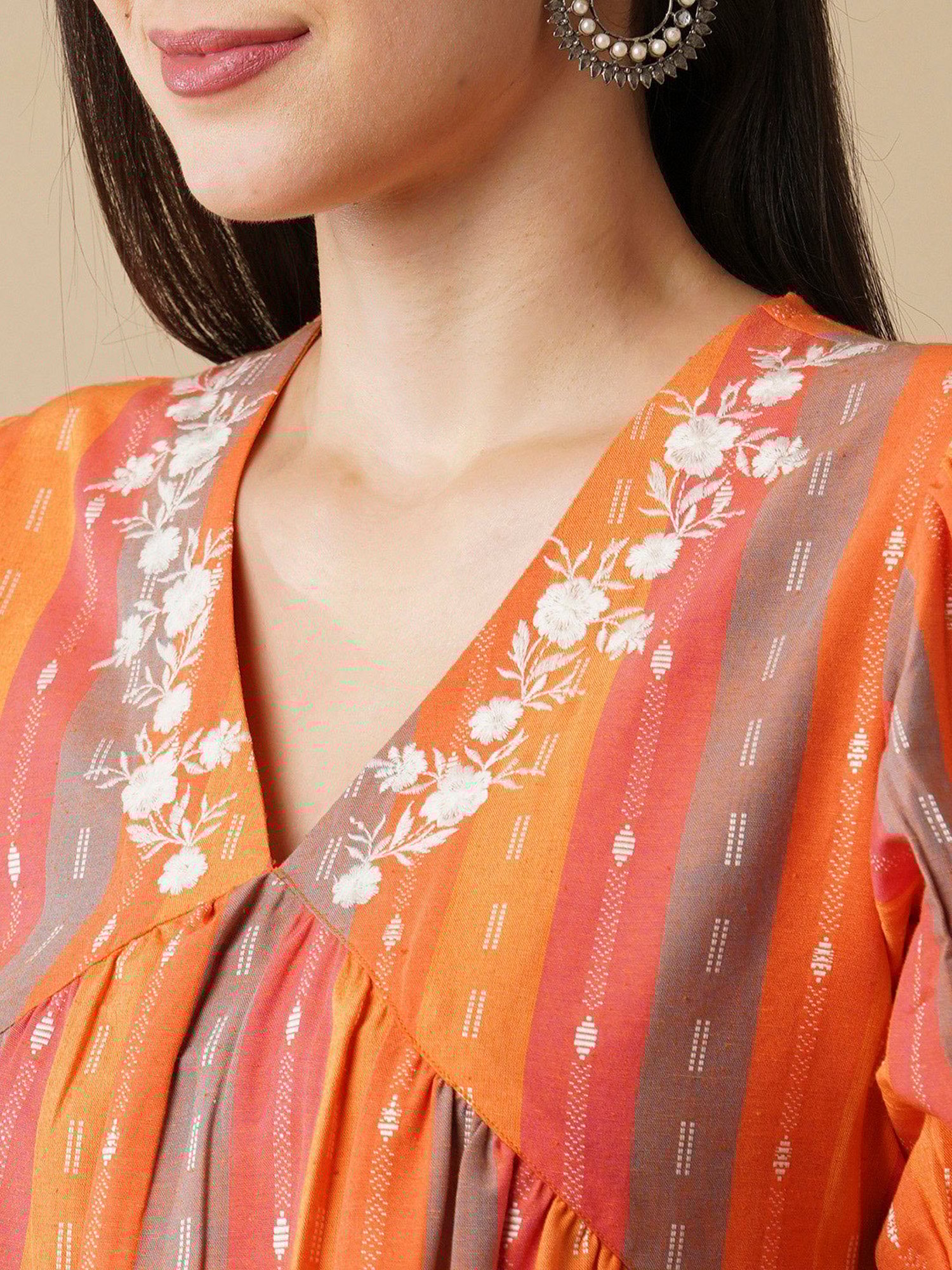 Globus Orange Cotton Embroidered A Line Dress