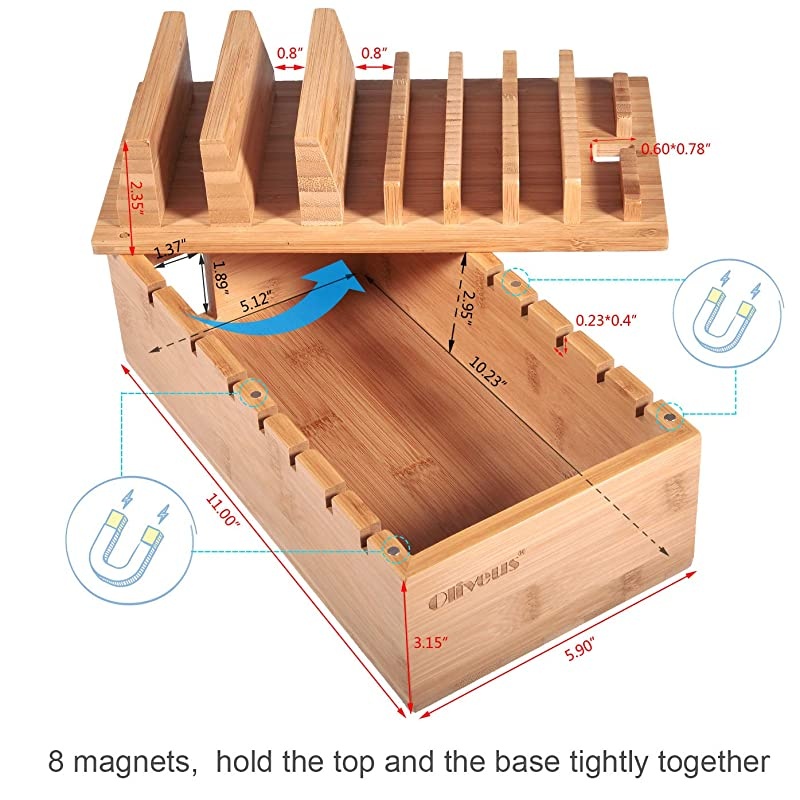Bamboo Charging Station for 7 Devices, Charging Dock Stand Organizer for Cell Phone, Tablet, Cords Cable Organizer