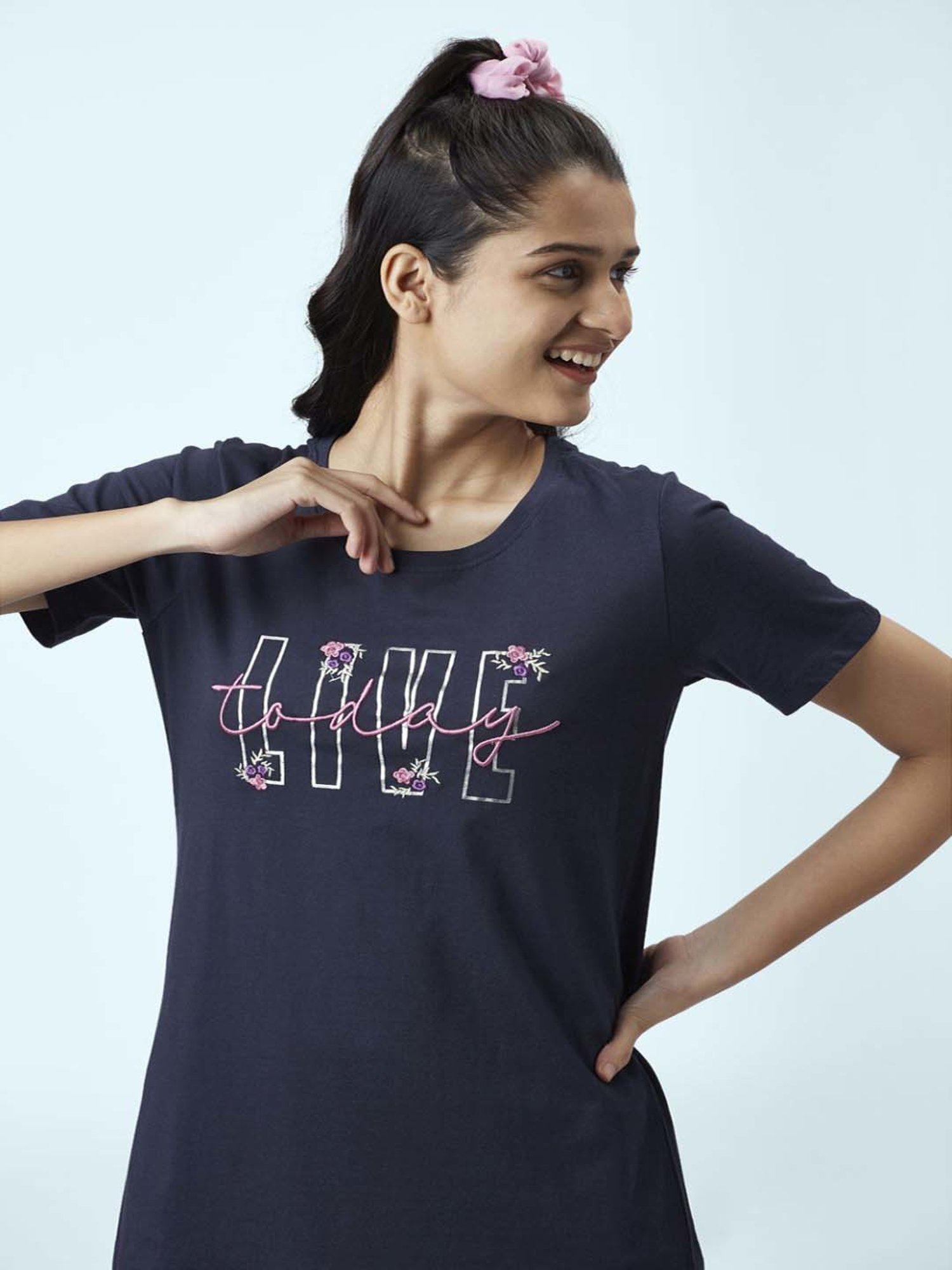 Dreamz by Pantaloons Navy Cotton Printed Sleep Tee