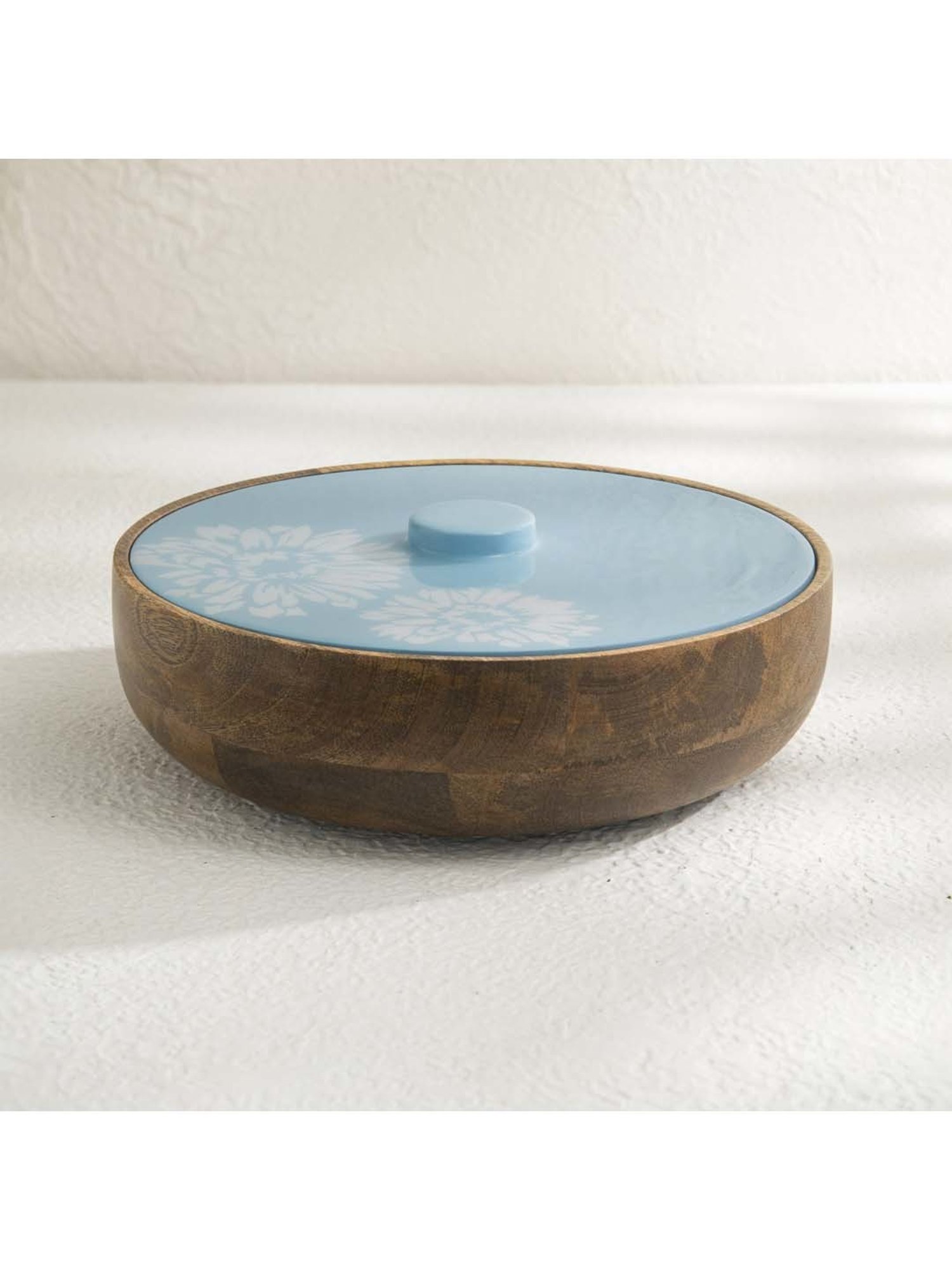 Ellementry Blossom Brown & Blue Wood Chapati Box With Lid - Set of 1