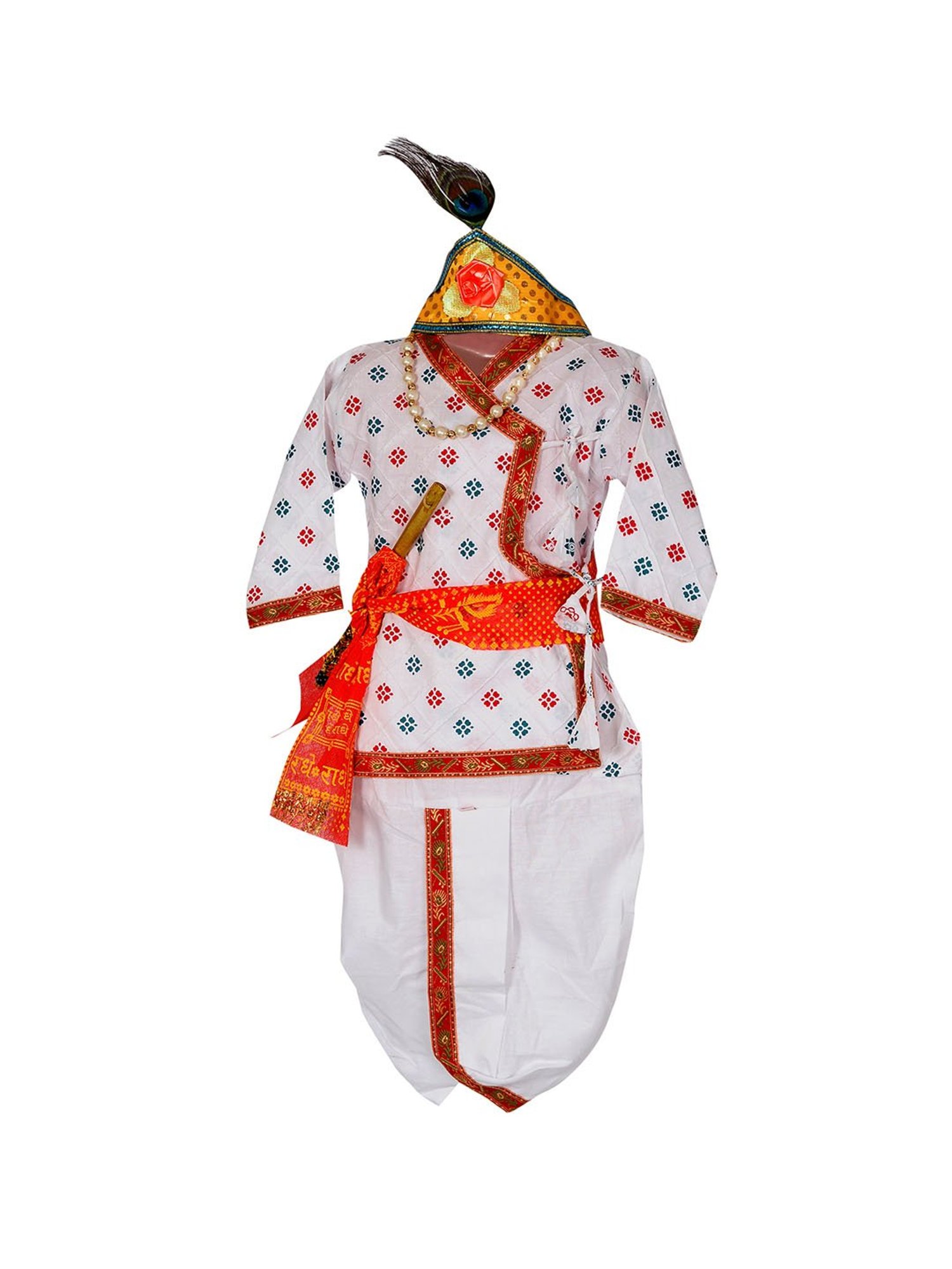 Ahhaaaa Kids White Embroidered Kurta, Dhoti, Pagri with Flute