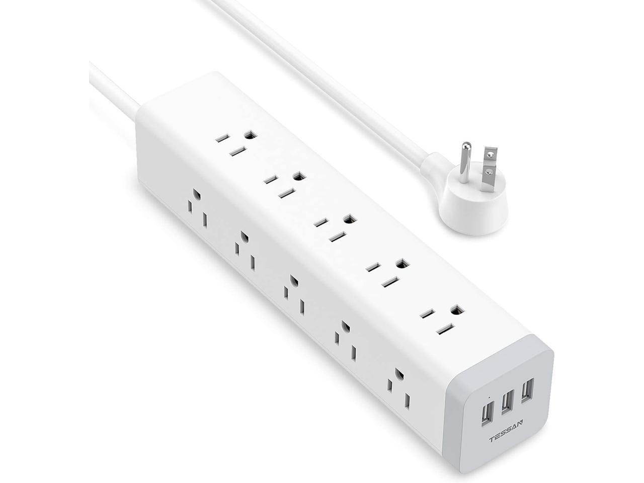 Long Power Strip,  Surge Protector 3 Sided with 15 AC Outlets and 3 USB Charging Ports, Flat Plug Extension Cord 6 Feet 1875W/15A, 1050 Joules, Mountable, White