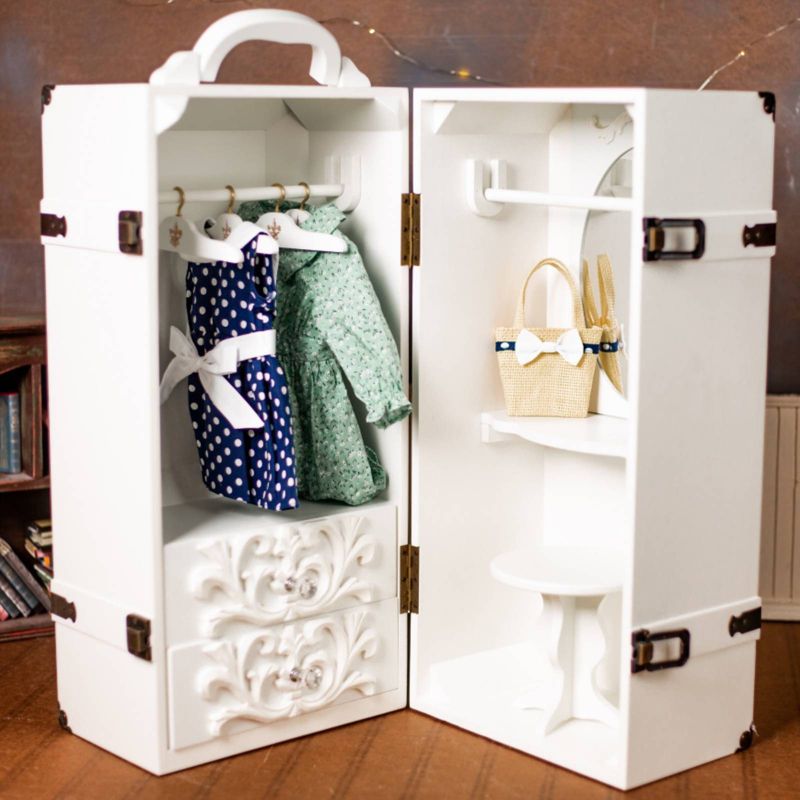 The Queen's Treasures 18 Inch Doll Furniture, White Clothing Storage Trunk, Vanity, 4 Hangers Fits 2 Dolls
