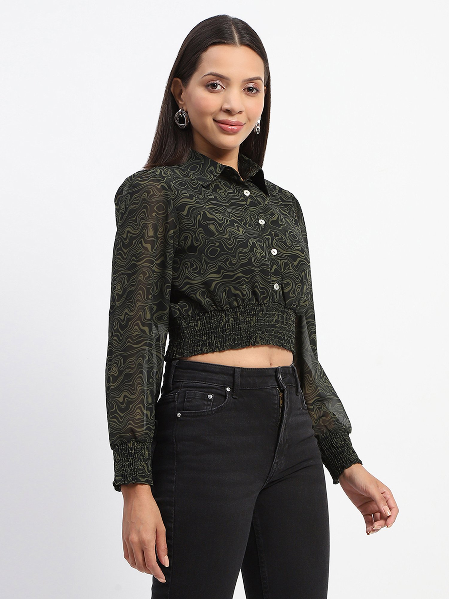 MADAME Olive & Black Printed Crop Top