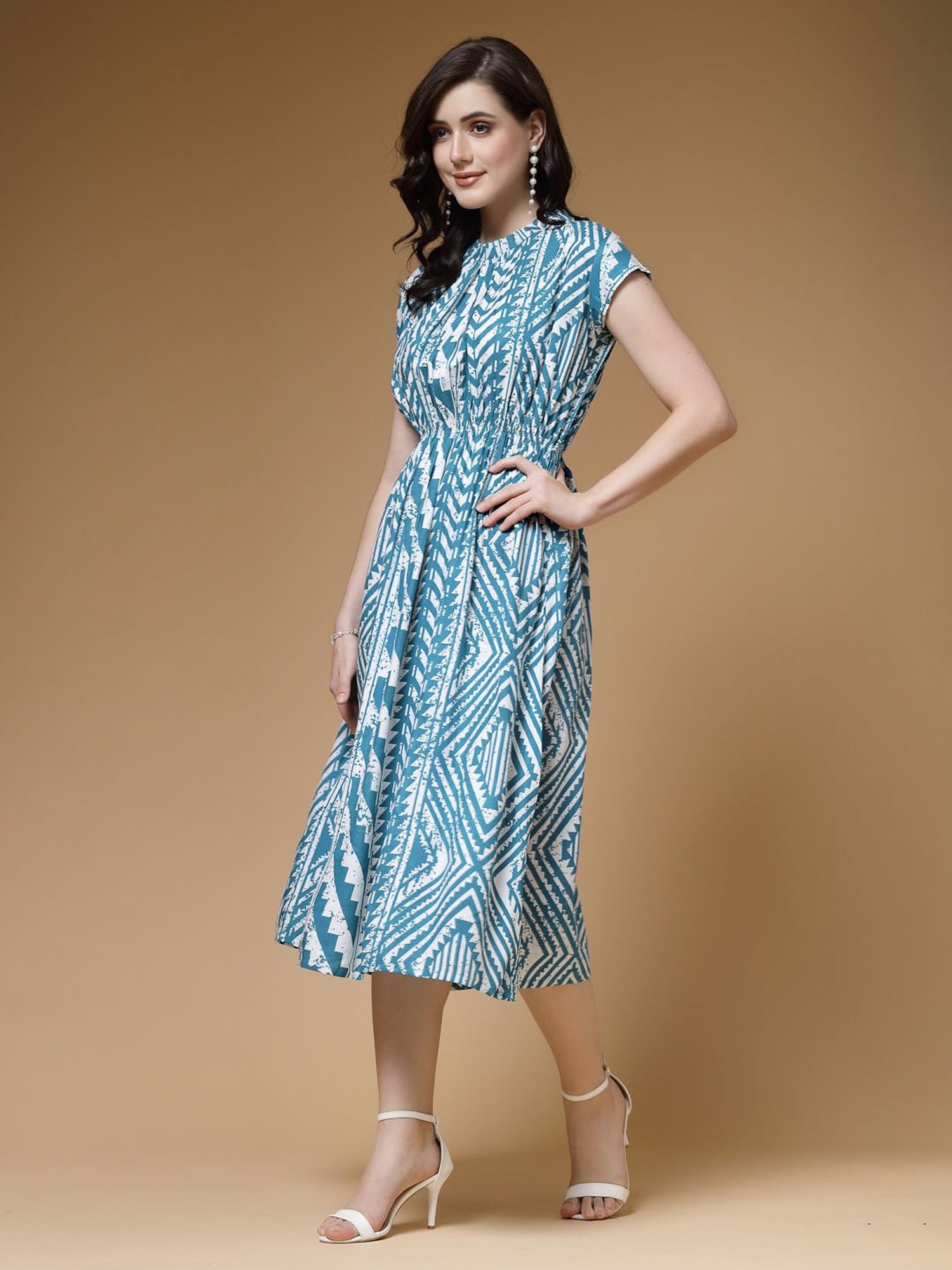 Indibelle Blue Geometric Print Ethnic Dress