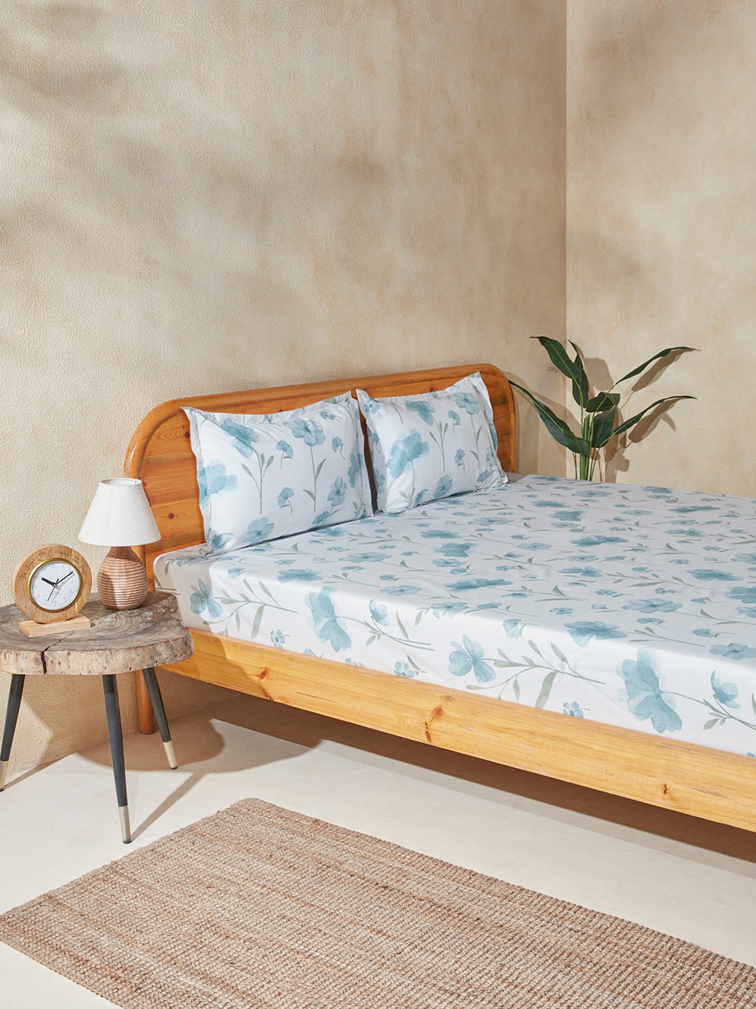 Westside Home Dusty Blue Floral Double Bed Flat Sheet & Pillowcase