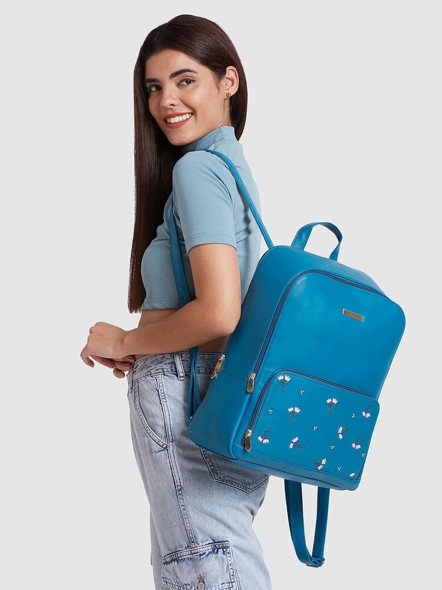 Caprese Adah Blue Embroidered Large Backpack