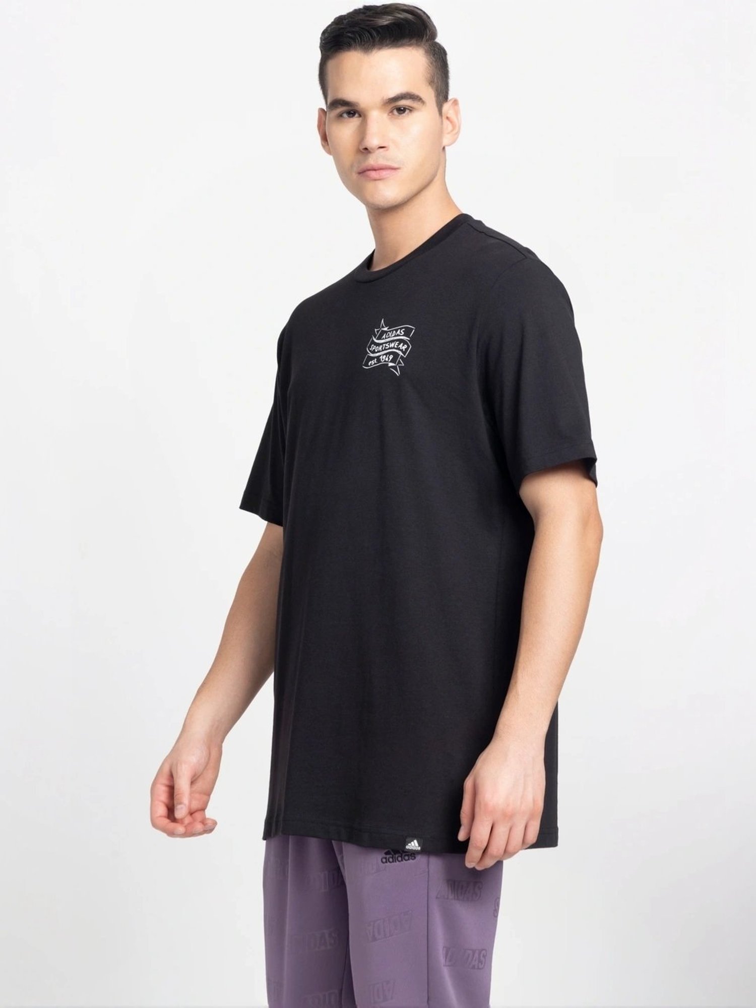 Adidas Black Cotton Regular Fit Printed T-Shirt