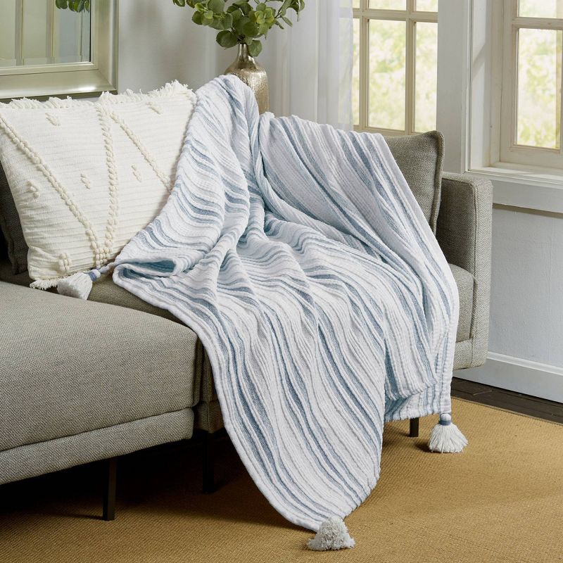 50"x60" Woven Striped Throw Blanket with Corner Tassels Blue - Patina Vie