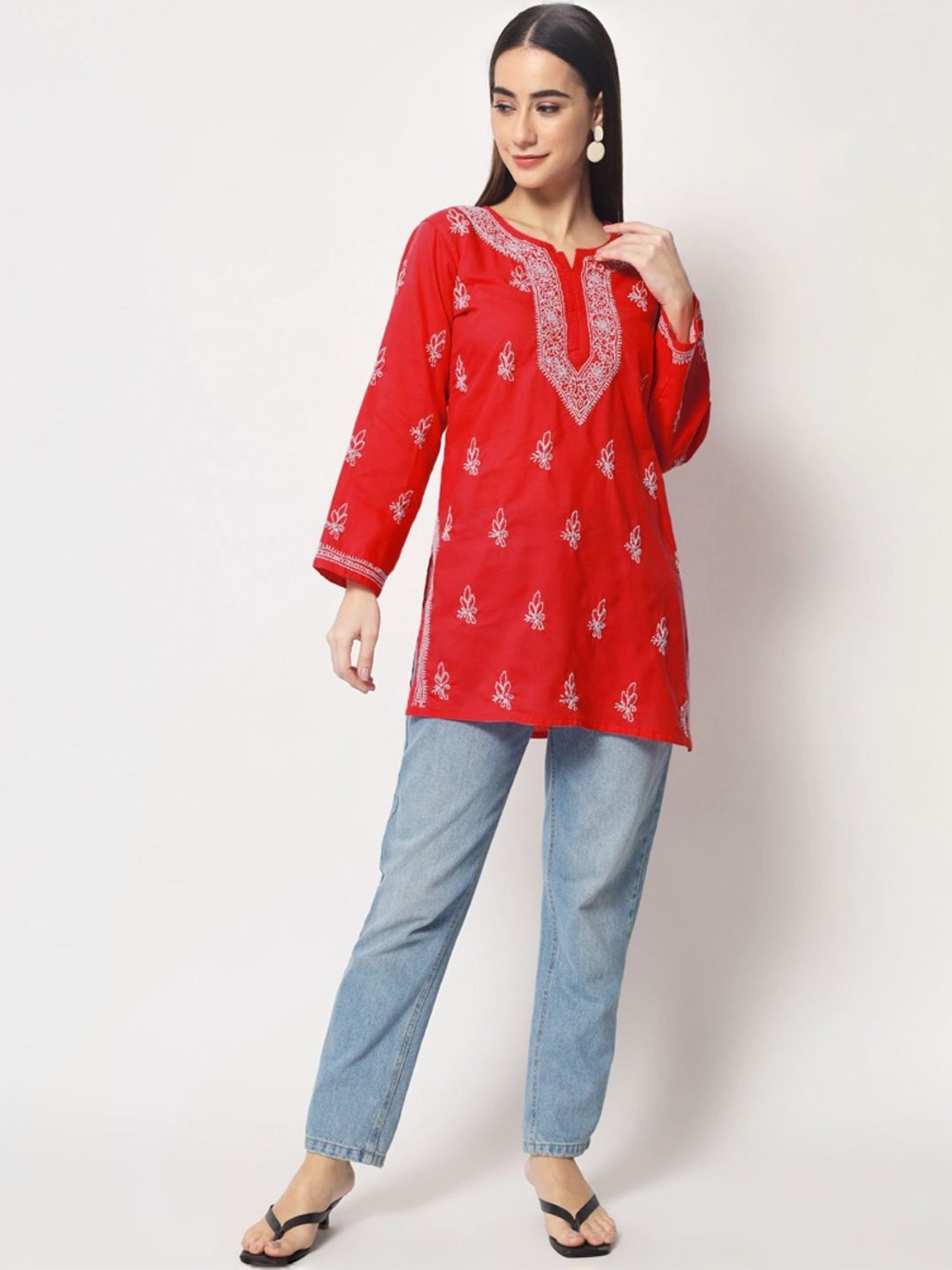 PARAMOUNT CHIKAN Red Cotton Hand Embroidered Chikankari Straight Kurti