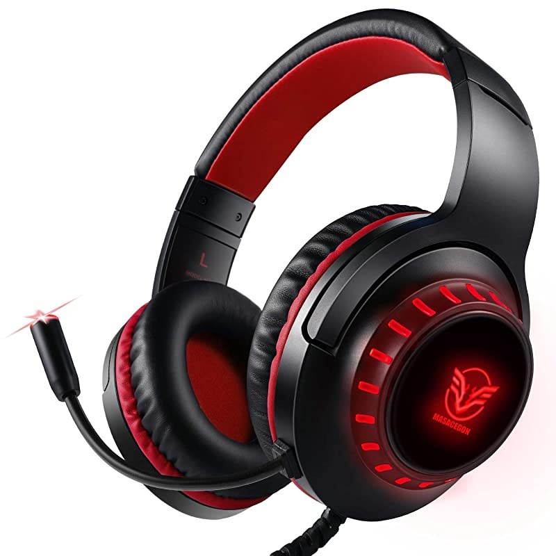 Gaming Headset for PS4 Xbox One PC with Noise Cancelling Microphone Stereo Surround Sound Headphone with LED Light Intense Bass for Computer Laptop Mac Black Red
