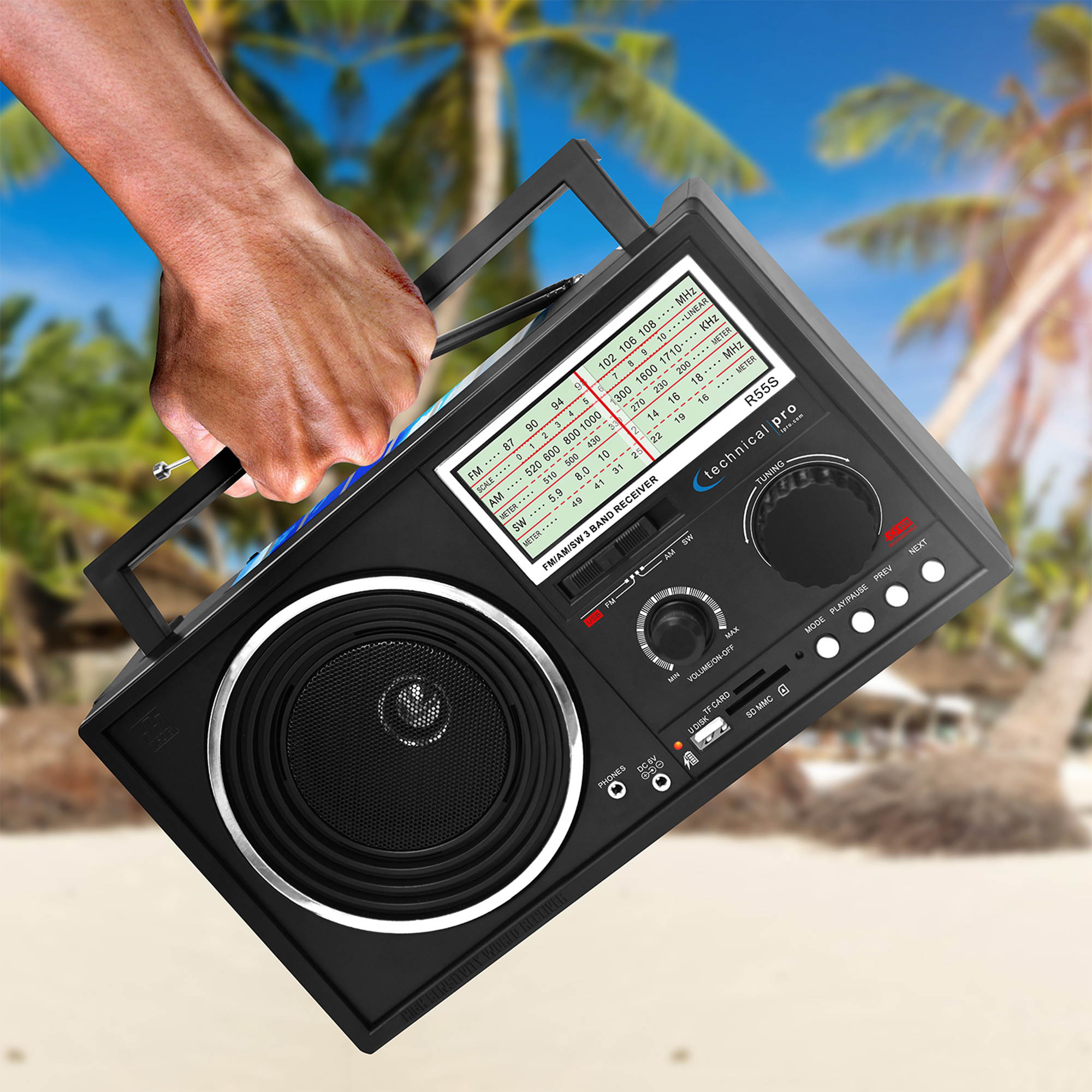 Technical Pro Portable Handheld Rechargeable Shortwave AM FM Dial Radio Speaker With USB SD Input, The Ultimate Solar Powered Radio For Anyone On The Go